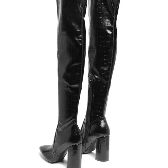 London Rag Croc Embossed Black Over the Knee Boots Sz 5 - Picture 8 of 12